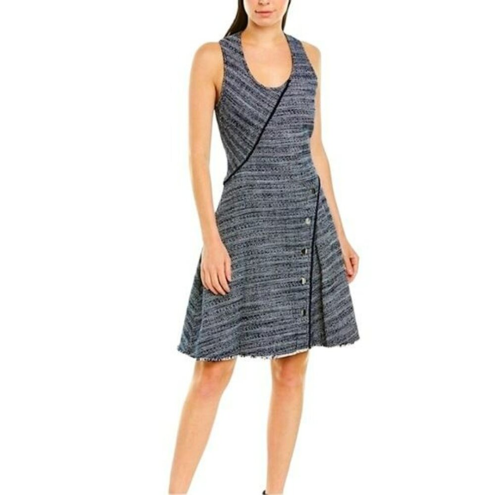 Derek Lam Womens Blue Tweed Sleeveless Fit & Flare Dress Button Detail Size 6